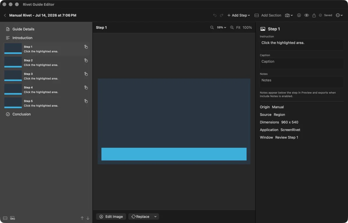 ScreenRivet Rivet Guide Editor with step navigator, canvas, and inspector