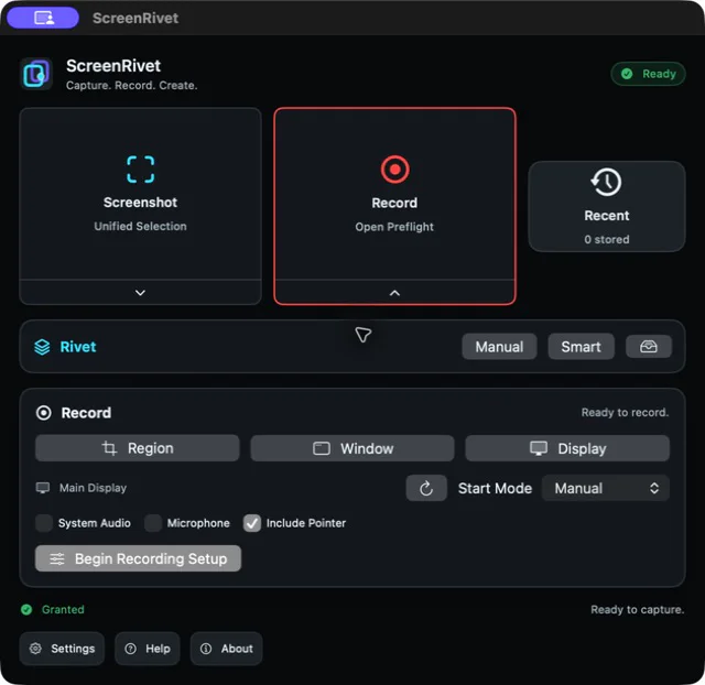 ScreenRivet recording controls with system audio and microphone options