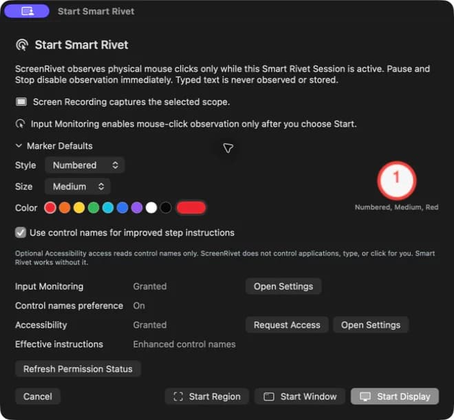 ScreenRivet Smart Rivet session setup and marker controls